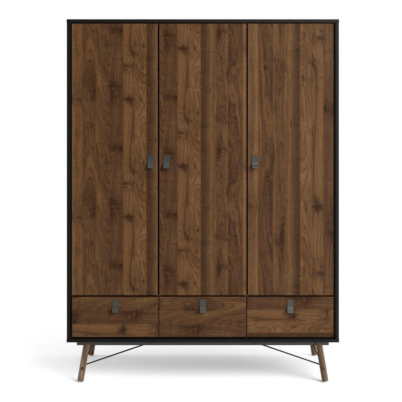 Ry Wardrobe 3 Doors + 3 Drawers In Matt Black Walnut