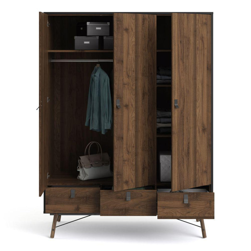 Ry Wardrobe 3 Doors + 3 Drawers In Matt Black Walnut