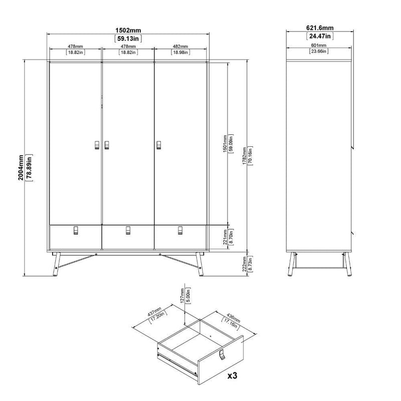 Ry Wardrobe 3 Doors + 3 Drawers In Matt White