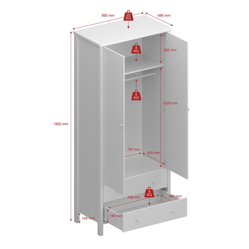 Tromso 2 Door 2 Drawer Wardrobe Off White