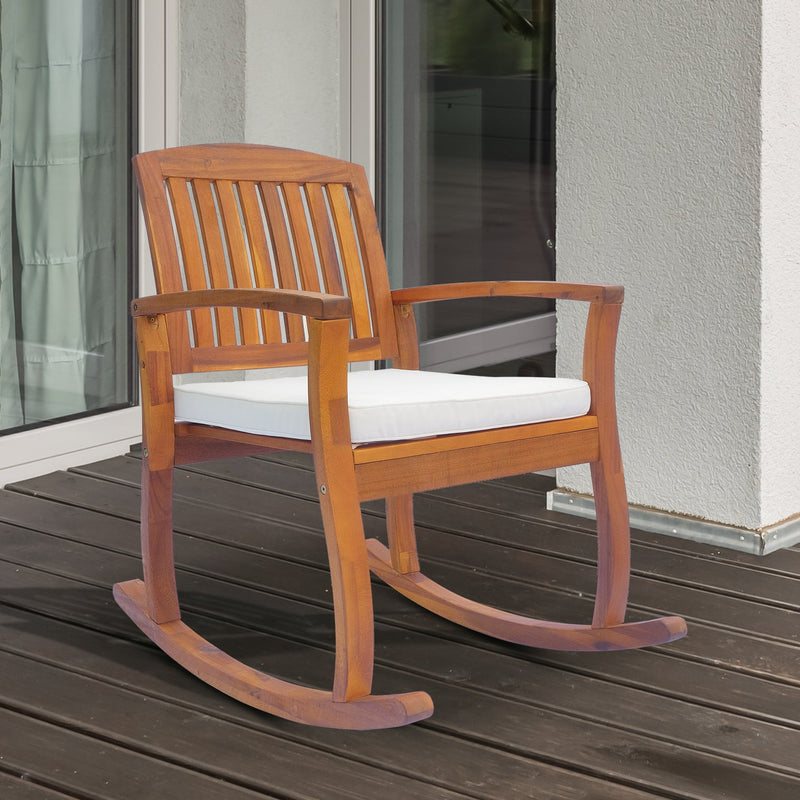 Outsunny Garden Acacia Wood Rocking Chair Deck Indoor Outdoor Porch Seat Rocker with Cushion