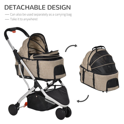 PawHut Detachable Pet Stroller Pushchair Foldable Dog Cat Travel Carriage 2-In-1 Design Carrying Bag  Light Brown