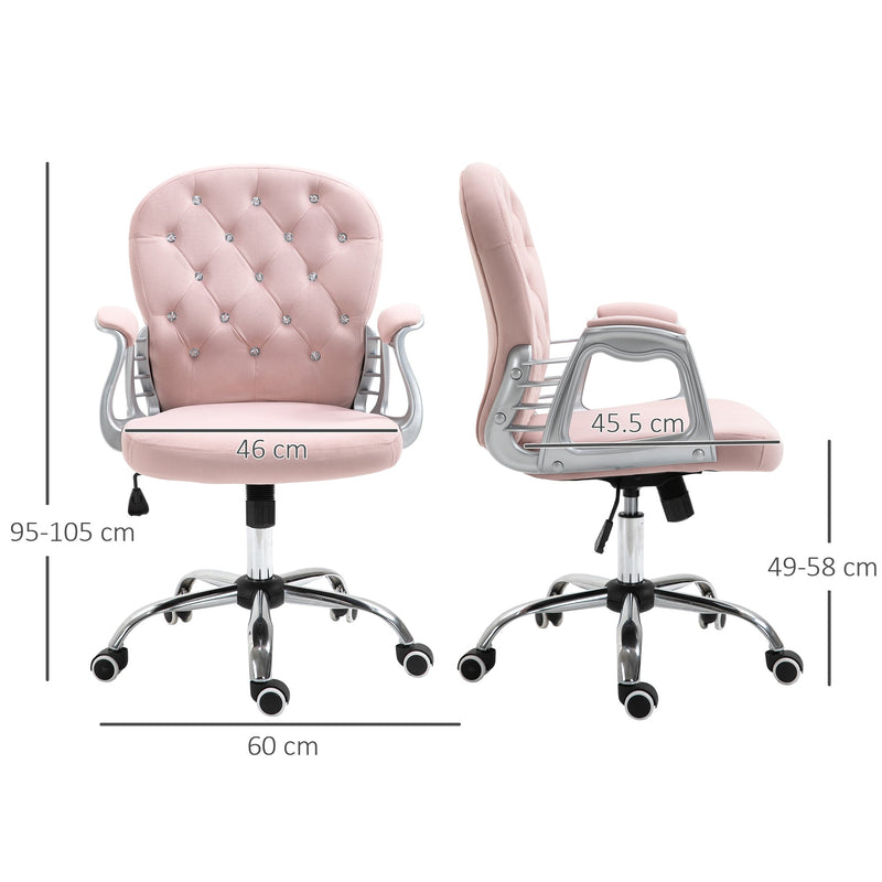 Vinsetto Office Chair Ergonomic 360° Swivel Diamond Tufted Home Work Velour Padded Base 5 Castor Wheels Pink