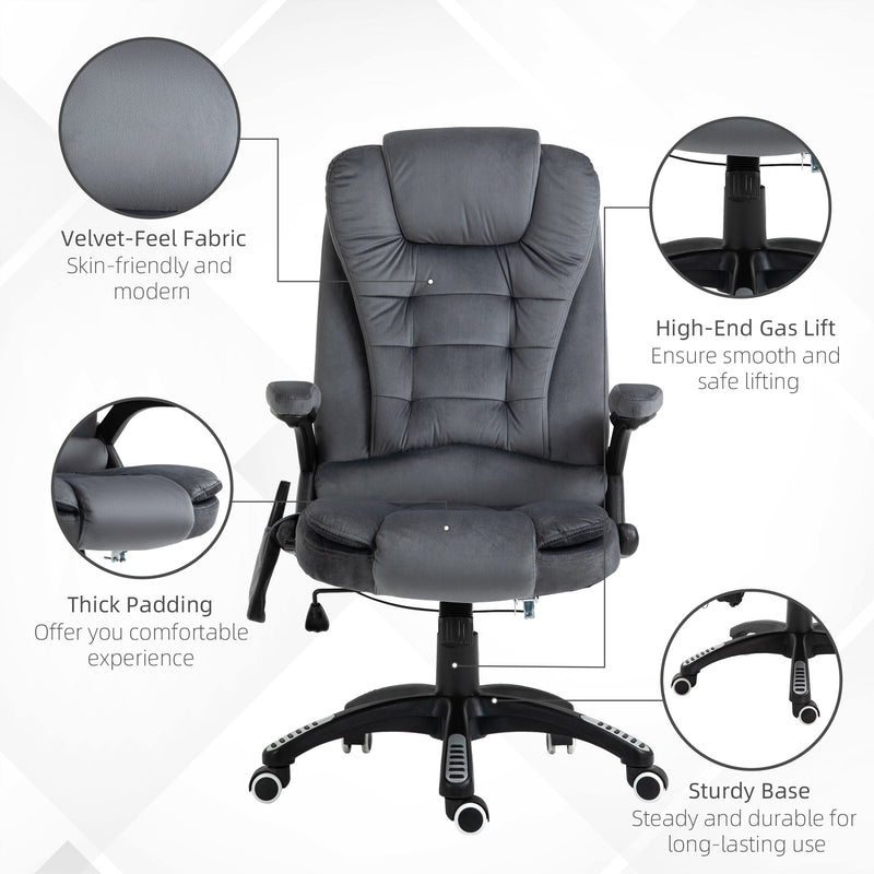 Sillón reclinable de masaje Vinsetto, silla de oficina con calefacción, seis puntos de masaje, tela con tacto aterciopelado, ruedas giratorias de 360°, color gris