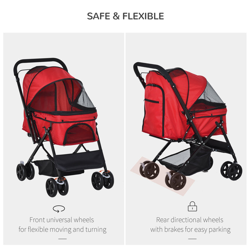 PawHut Pet Stroller Dog Travel Pushchair Foldable Jogger with Reversible Handle EVA Wheel Brake Basket Adjustable Canopy Safety Leash Red