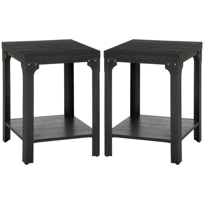 Industrial Side Table Set Of 2 With Storage Shelf, Dark Walnut