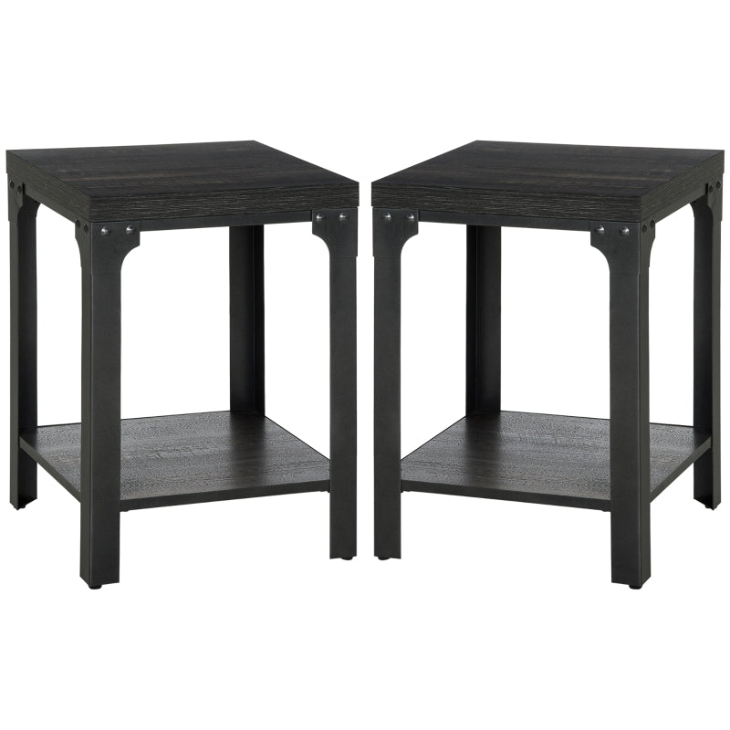 Industrial Side Table Set Of 2 With Storage Shelf, Dark Walnut