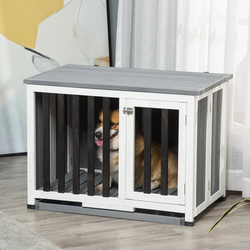 Jaula de madera plegable para perros PawHut, mesa auxiliar con bandeja extraíble para perros medianos y pequeños, color gris, 84,5 x 51,4 x 61 cm