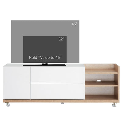 HOMCOM Modern TV Stand Unit for TVs up to 46" with Wheels, Storage Shelves and Drawers, 120cmx39cmx42cm, White and Natural