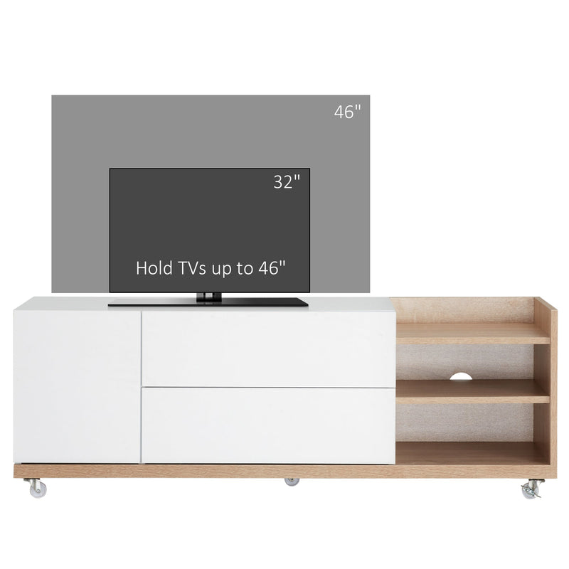 HOMCOM Modern TV Stand Unit for TVs up to 46" with Wheels, Storage Shelves and Drawers, 120cmx39cmx42cm, White and Natural