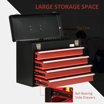 DURHAND 4 Drawer Tool Chest, Lockable Metal Tool Box with Ball Bearing Runners, Portable Toolbox, 510mm x 220mm x 395mm