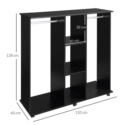 HOMCOM Double Mobile Open Wardrobe With Clothes Hanging Rails Storage Shelves Organizer Bedroom Furniture - Black