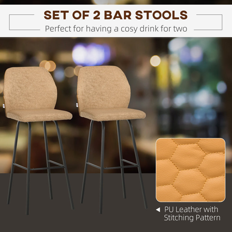 HOMCOM Bar Stools Set of 2, Linen-Touch Upholstered Bar Chairs, Kitchen Stools with Backs and Steel Legs, Light Brown