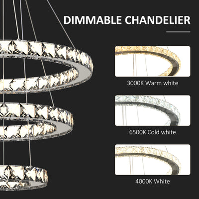 HOMCOM Modern LED Chandelier with 3 Crystal Rings, Dimmable Pendent Ceiling Light Cool Warm White with Adjustable Cable Remote Controller, Silver