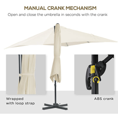 Outsunny 2.5 x 2.5m Patio Offset Parasol Umbrella Cantilever Hanging Aluminium Sun Shade Canopy Shelter 360° Rotation w/Crank Handle, Cream White