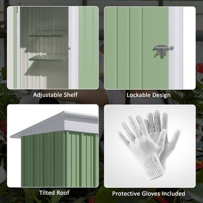 Outsunny 5'x3'x6' Metal Garden Shed Roofed Lean-to Shed for Tool Motor Bike, with Adjustable Shelf, Lock, Gloves, Green