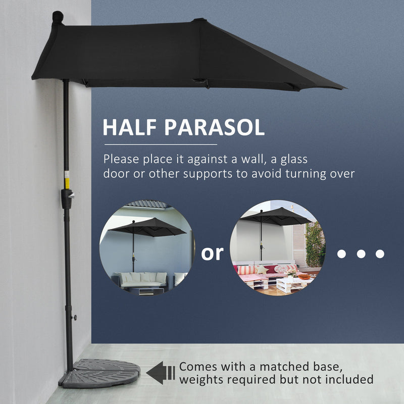 Outsunny 2m Half Parasol Market Umbrella Garden Balcony Parasol with Crank Handle, Base, Double-Sided Canopy, Black