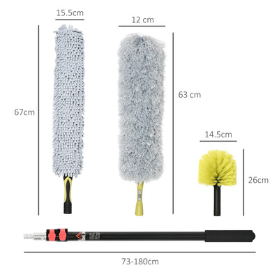 HOMCOM Extendable Feather Duster with Telescopic Pole 1.8m/5.9ft, Microfiber Duster Cleaning Kit with Bendable Head for Cleaning High Ceiling Fans