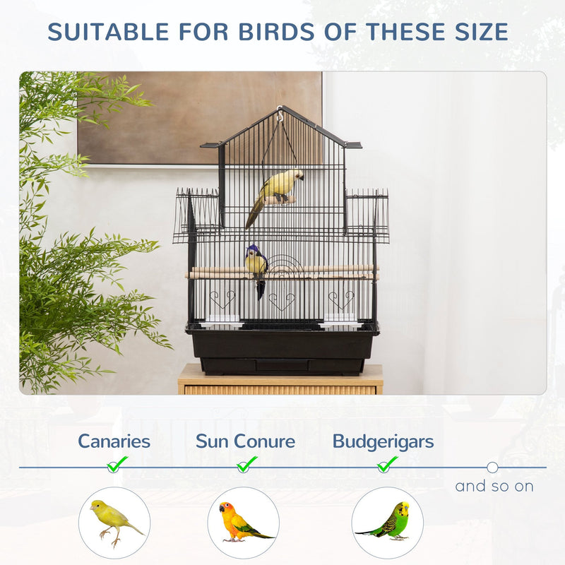 PawHut Metal Bird Cage with Plastic Swing Perch Food Container Tray Handle for Finch Canary Budgie 50.5 x 40 x 63cm Black