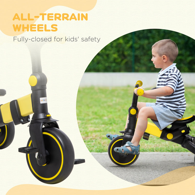 AIYAPLAY 3-in-1 Tricycle for Kids with Aluminium Frame, Baby Trike with Adjustable Push Handle, Canopy and Seat Angle for 18-48 Months, Yellow