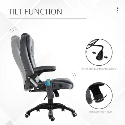 Sillón reclinable de masaje Vinsetto, silla de oficina con calefacción, seis puntos de masaje, tela con tacto aterciopelado, ruedas giratorias de 360°, color gris