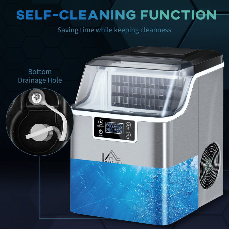 HOMCOM Ice Maker Machine, Counter Top Ice Cube Maker for Home, 20kg in 24 Hrs, 3.2L with Adjustable Cube Size, Self Cleaning Function, Ice Scoop