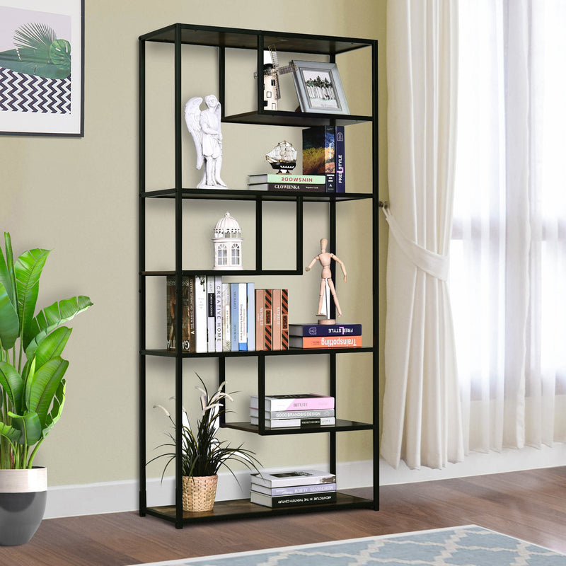 Steel Frame 6 Tier Staggered Display Shelf Black/Brown