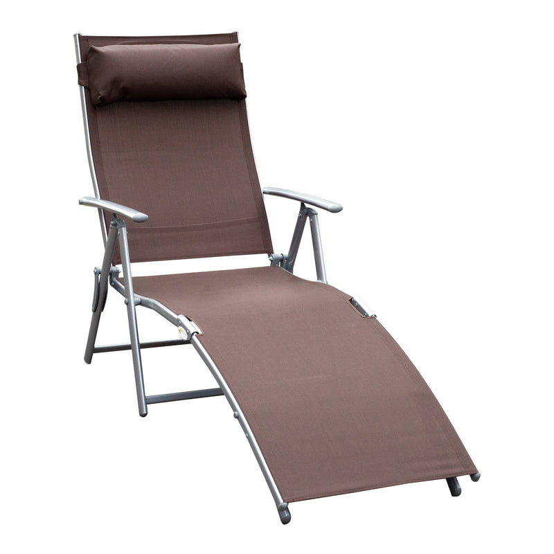 Outsunny Patio Sun Lounger Garden Texteline Foldable Reclining Chair w/ Pillow Outdoor Adjustable Recliner (Brown)