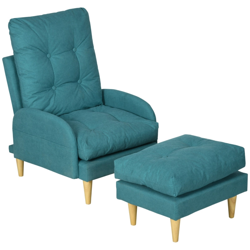 Upholstered Armchair With Footstool Set, Blue