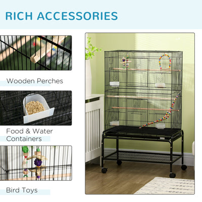 PawHut Bird Cage with Stand, Toys, Wheels, for Canaries, Finches, Lovebirds, Parakeets, Budgie Cage with Accessories, Storage Shelf, Black