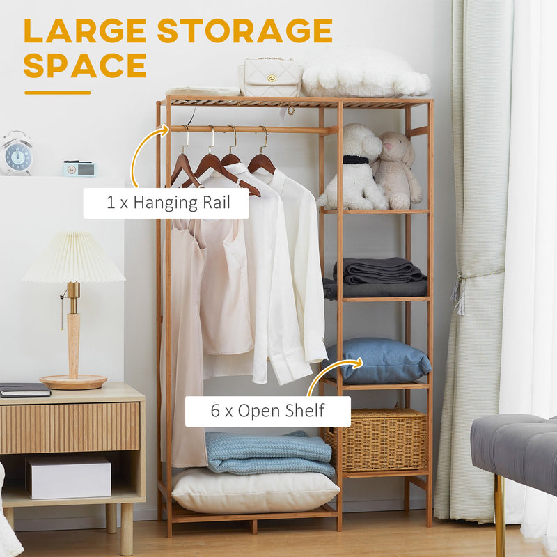 HOMCOM Bamboo Clothes Rack for Bedroom Garment Rack with 6-Tier Storage Shelf Hanging Rod Clothes Rail for Living Room Entryway