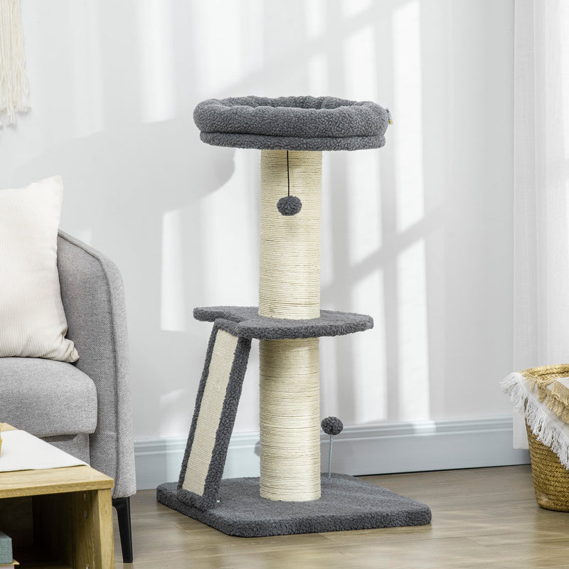 PawHut Cat Tree Tower with Scratching Posts, Pad, Bed, Toy Ball for Cats under 5 Kg, Dark Grey & Beige