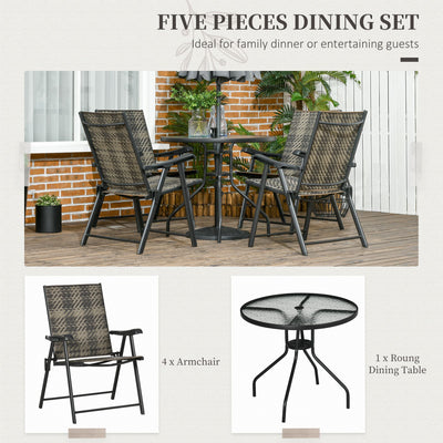 Outsunny 5 Pcs Rattan Dining Sets Garden Dining Set w/ PE Rattan Folding Armchair, Round Glass Top Dining Table with Umbrella Hole, Mixed Grey