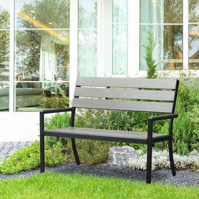 Outsunny 2 Seater Garden Bench, Slatted Outdoor Bench with Steel Frame, Garden Loveseat, 122 x 65 x 92 cm, Grey