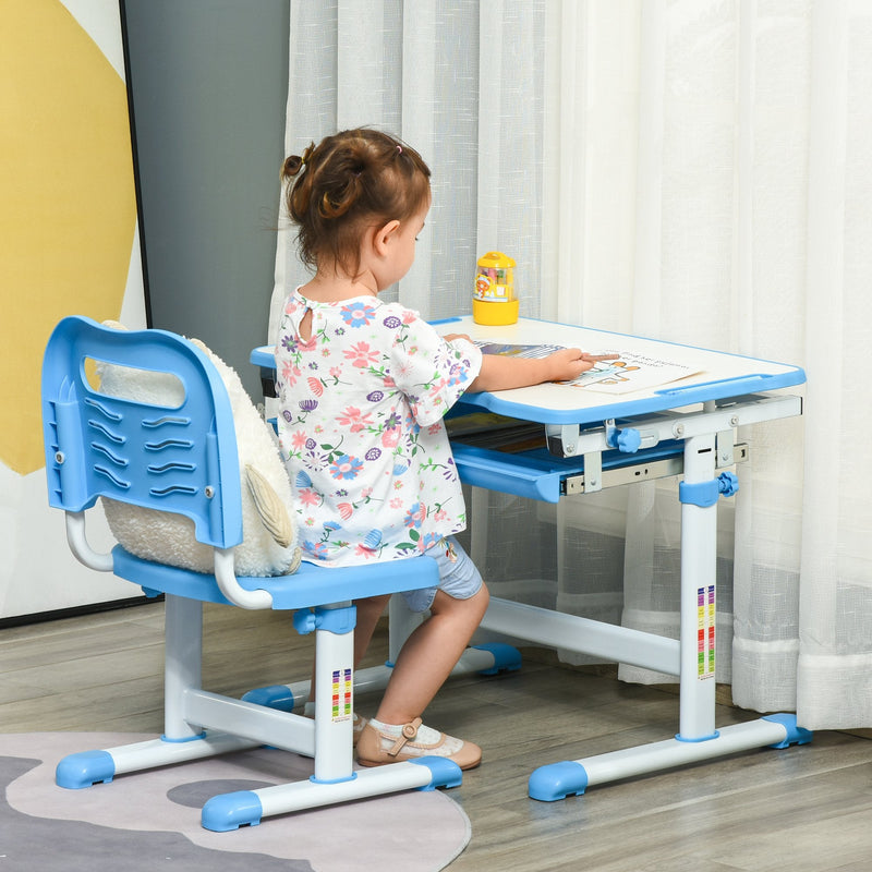 HOMCOM Kids Desk and Chair Set Height Adjustable Student Writing Desk Children School Study Table with Tiltable Desktop, Drawer, Pen Slot, Hook Blue