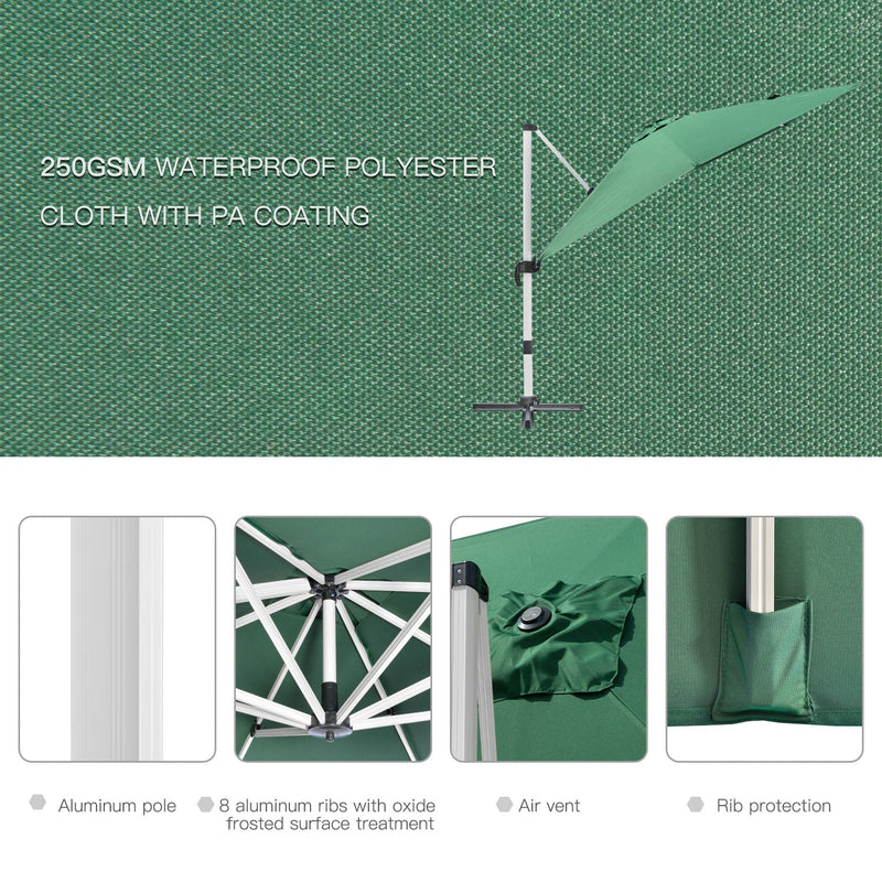 Outsunny 3 x 3(m) Cantilever Parasol, Square Garden Umbrella with Cross Base, Crank Handle, Tilt, 360° Rotation and Aluminium Frame, Green