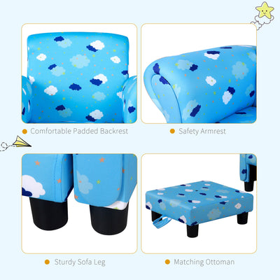 HOMCOM Kids Children Armchair Mini Sofa Wood Frame w/ Footrest Anti-Slip Legs High Back Arms Bedroom Playroom Furniture Cute Cloud Star Blue