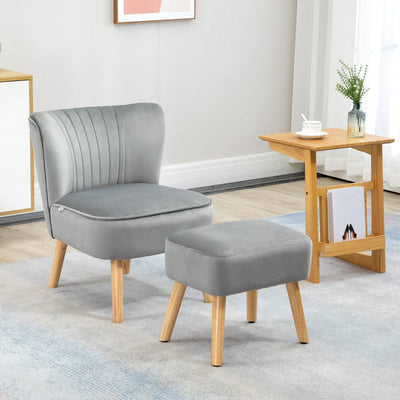 Velvet-Feel Tub Chair And Footstool - Grey