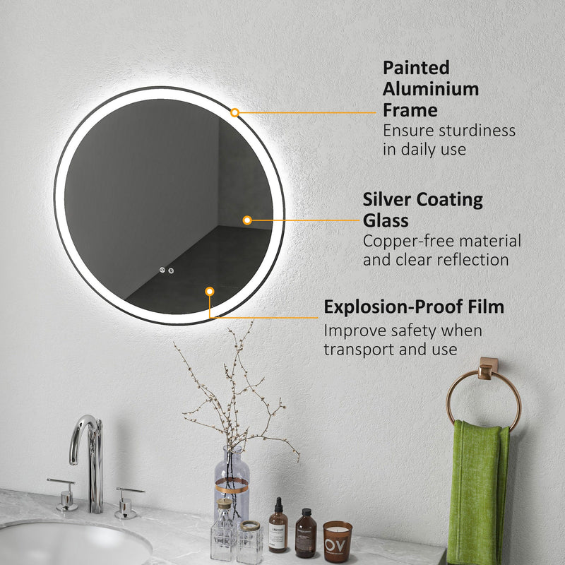 kleankin Round Bathroom Mirror with LED Lights, Wall Mount Dimmable Makeup Mirror with 3 Temperature Colours, Defogging Film, Memory Function and Aluminium Frame, Hardwired, 60 x 60 cm