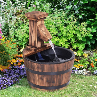 Wood Barrel Patio Water Fountain Garden Decorative Ornament Feature