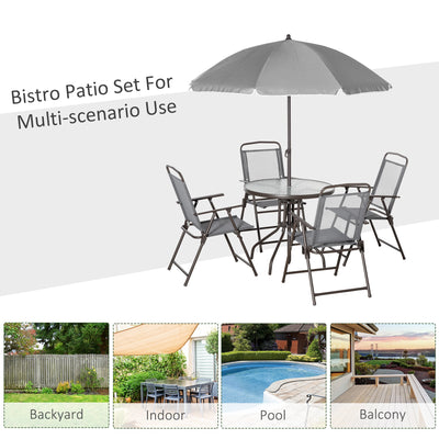 Outsunny 6 Piece Patio Dining Set with Umbrella, 4 Folding Dining Chairs & Round Tempered Glass Table for Garden, Backyard and Poolside, Grey